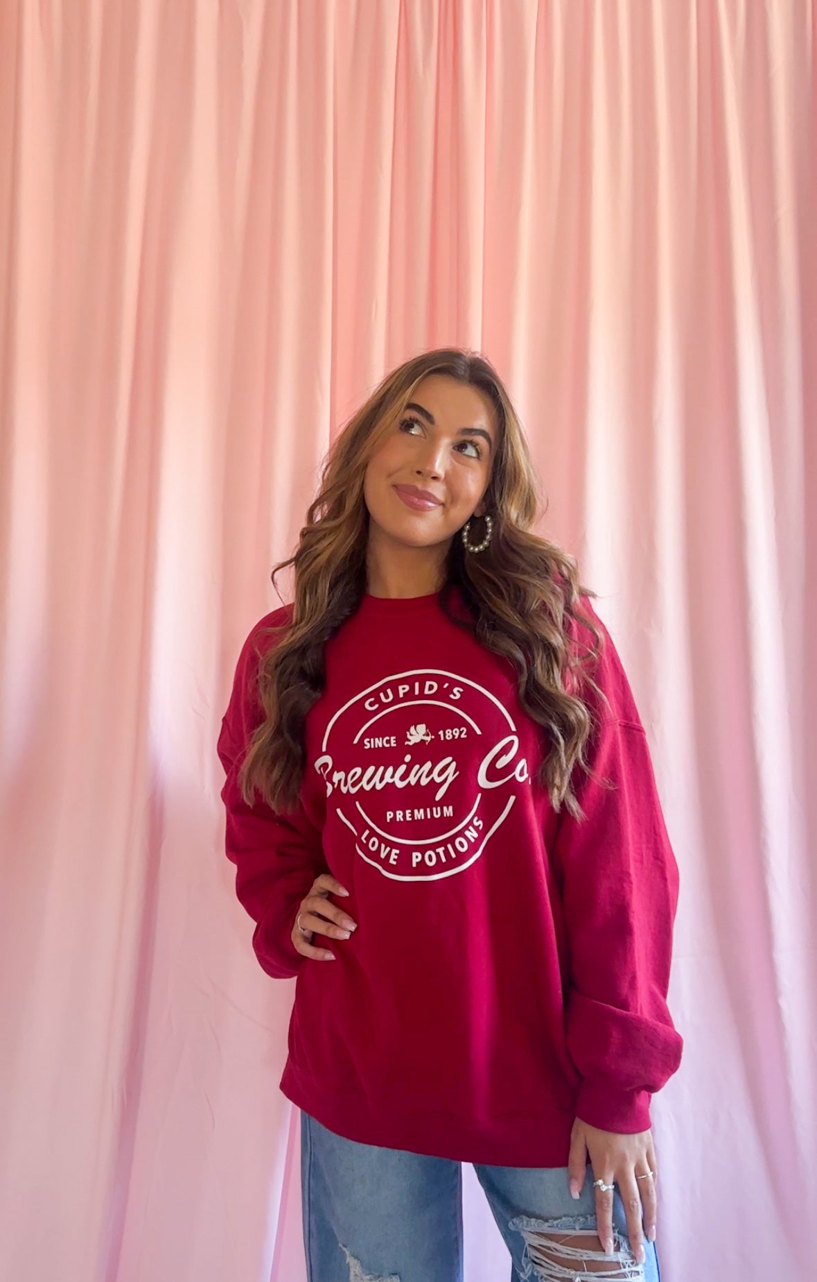 Red Valentine's Day Sweatshirt Women Sweater Valentine's Day Apparel Cupid Sweatshirt Valentine's Day Merchandise Red Sweatshirt Crewneck Women Model Love Potions February