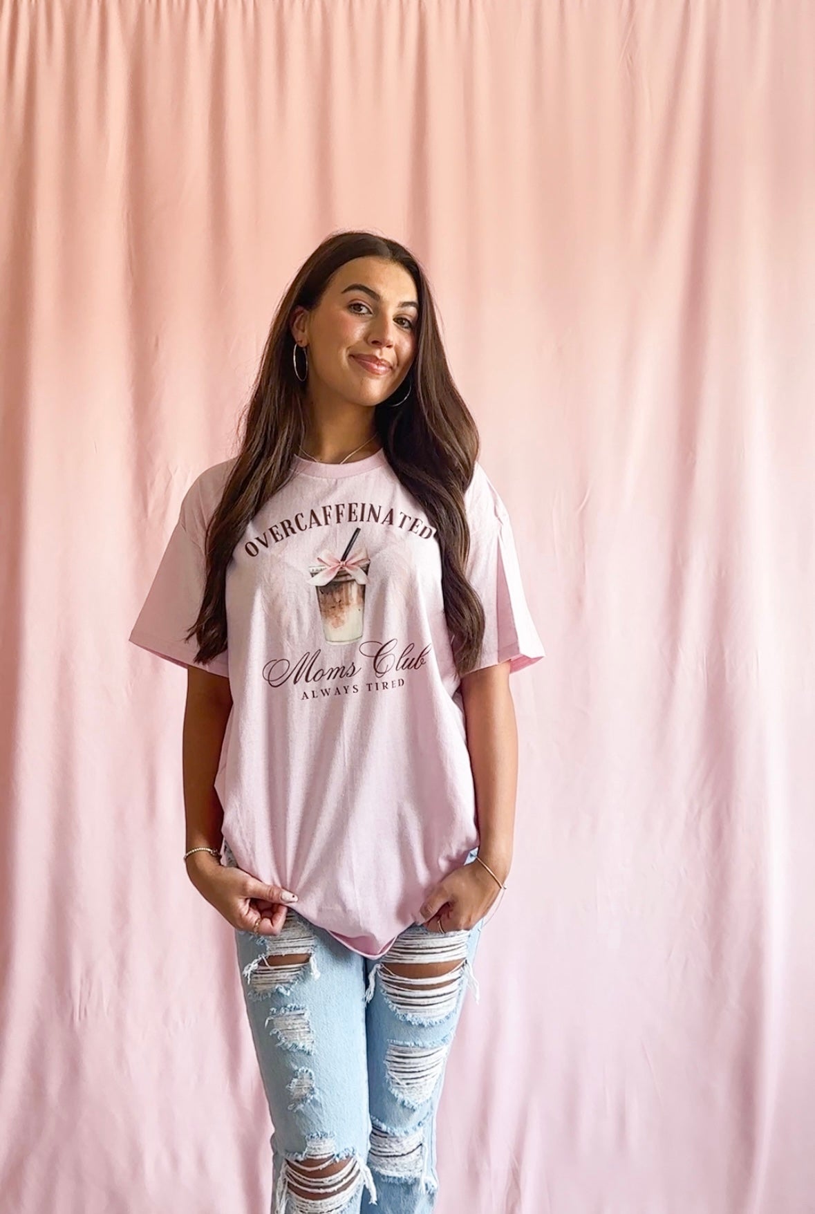 Over Caffeinated Moms Club Pink Shirt