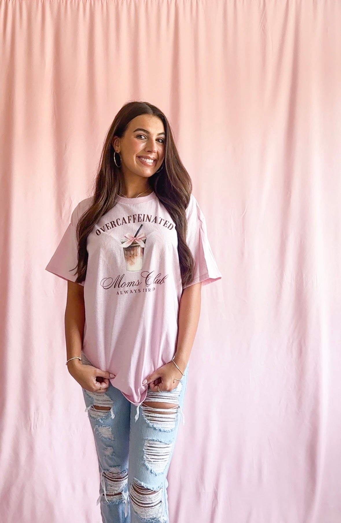 Over Caffeinated Moms Club Pink Shirt