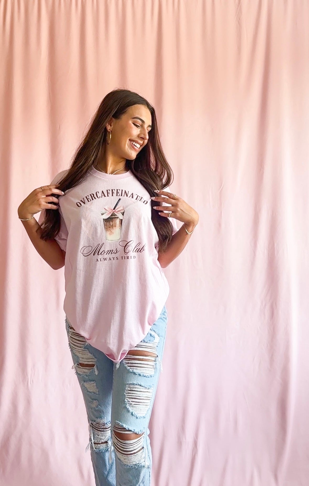 Over Caffeinated Moms Club Pink Shirt