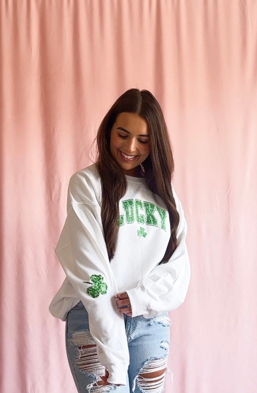 St Patrick's Day Women White Sweatshirt Sparkle Graphic Oversized Sweater