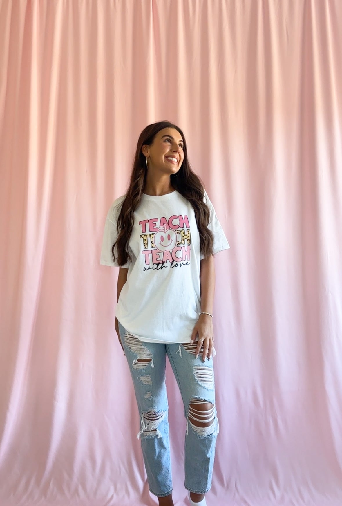 Teach With Love Pink Leopard Apple T-Shirt