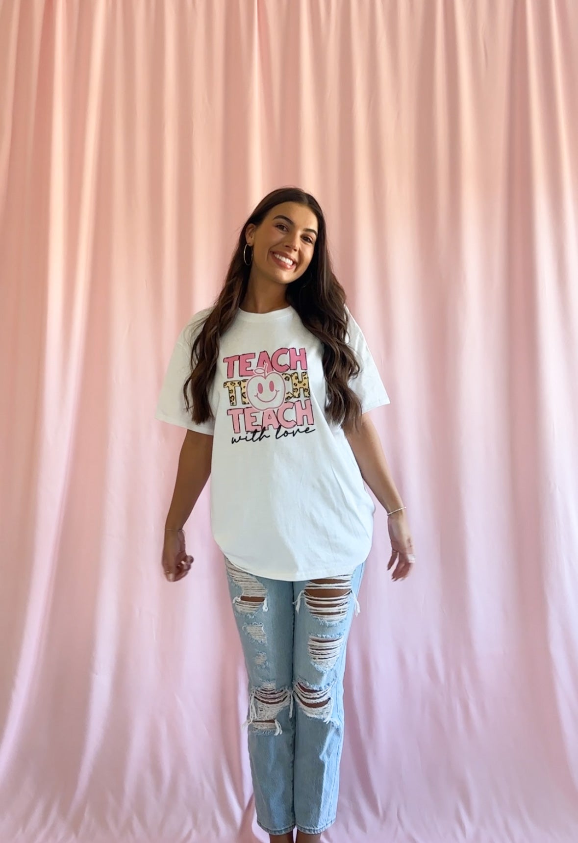 Teach With Love Pink Leopard Apple T-Shirt