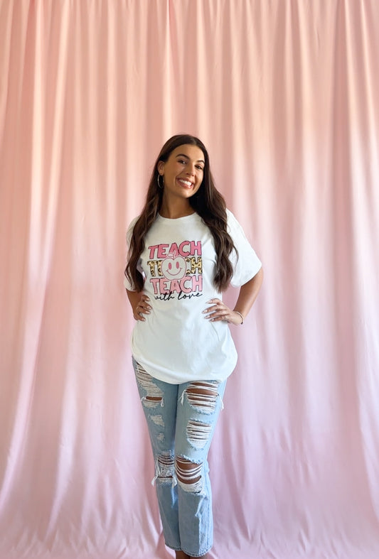 Teach With Love Pink Leopard Apple T-Shirt