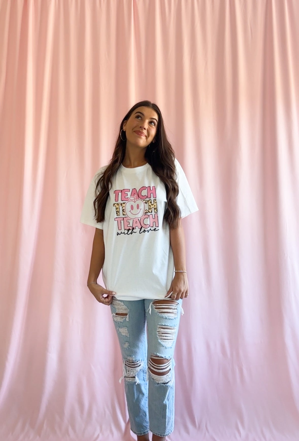 Teach With Love Pink Leopard Apple T-Shirt