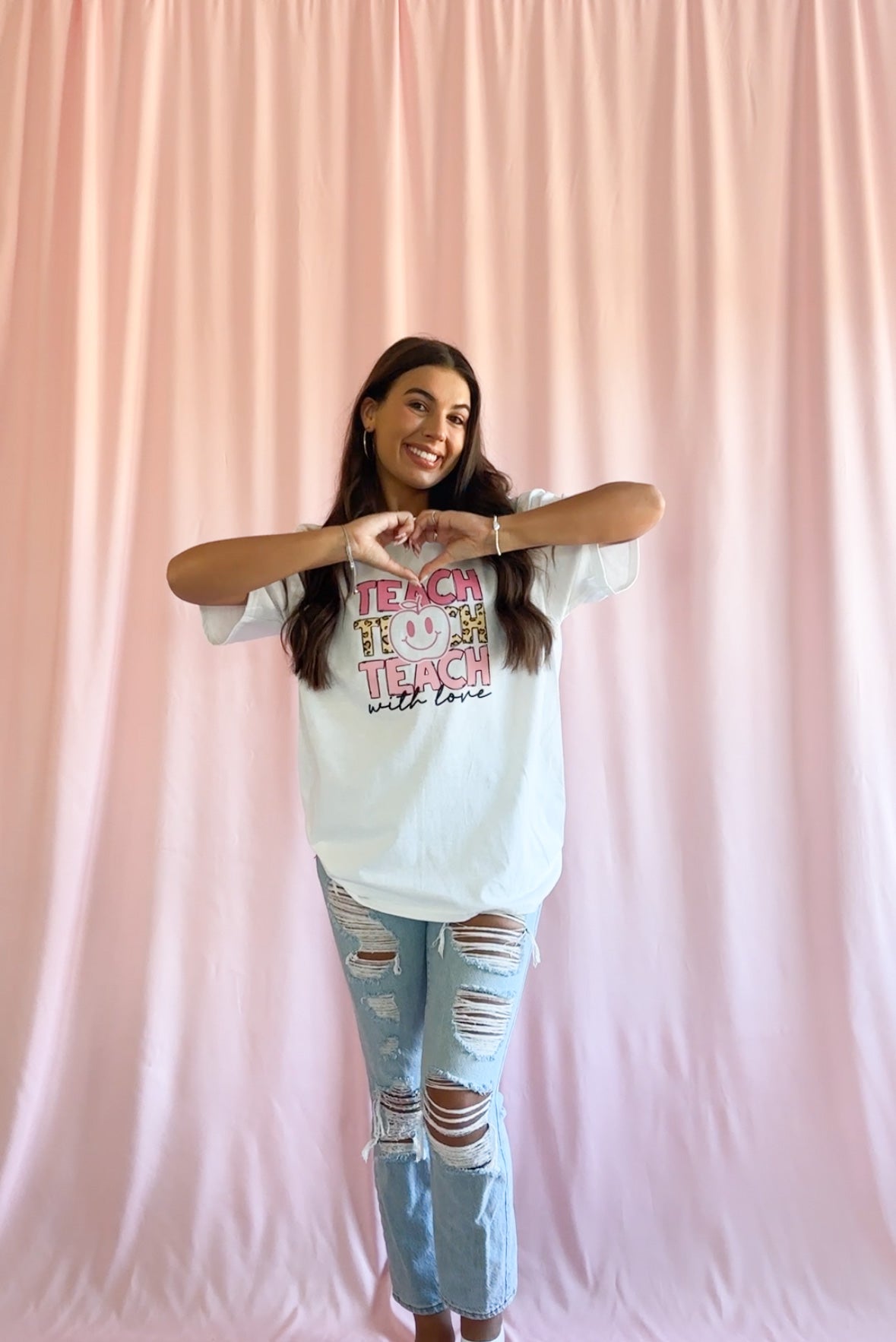 Teach With Love Pink Leopard Apple T-Shirt