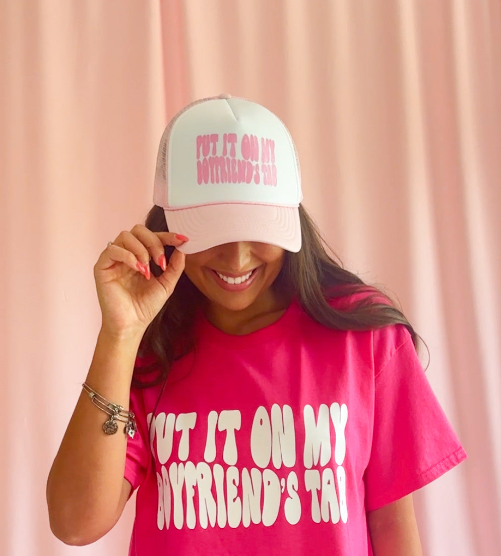 put it on my boyfriend's tab trucker hat pink hat women white trucker hat trendy hat women funny hat summer accessories girls