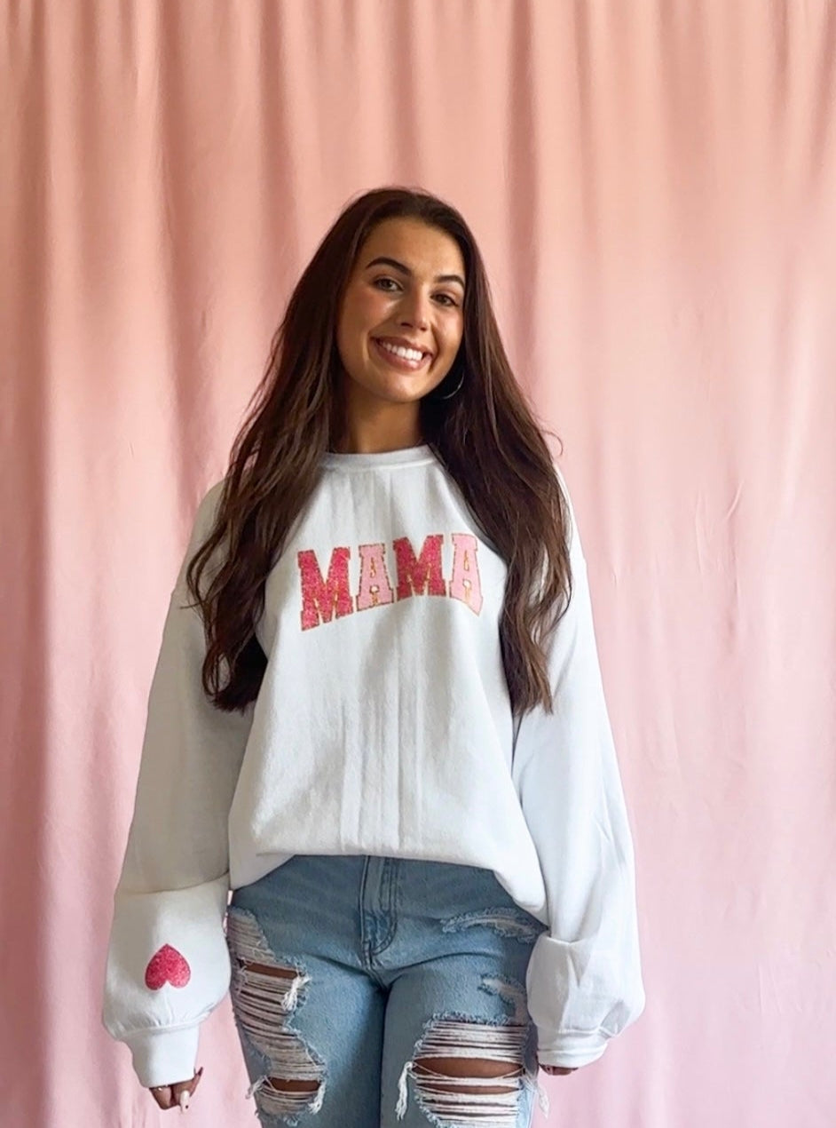 mothers day white sweatshirt mom pink sweatshirt heart on sleeve graphic sweater mama sweatshirt mom gift mothers day gift heart on sleeve sparkle graphic