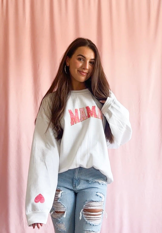 Mama Pink Glitter Sweatshirt- Mother's Day Trendy White Sweatshirt Sparkle