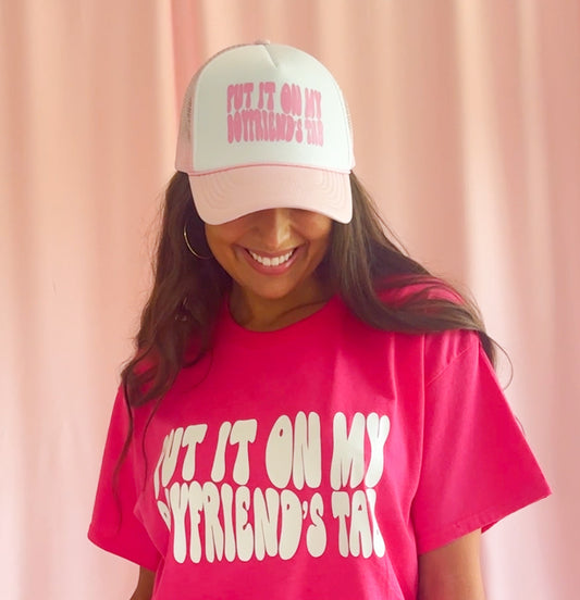 put it on my boyfriend's tab trucker hat pink hat women white trucker hat trendy hat women funny hat summer accessories girls
