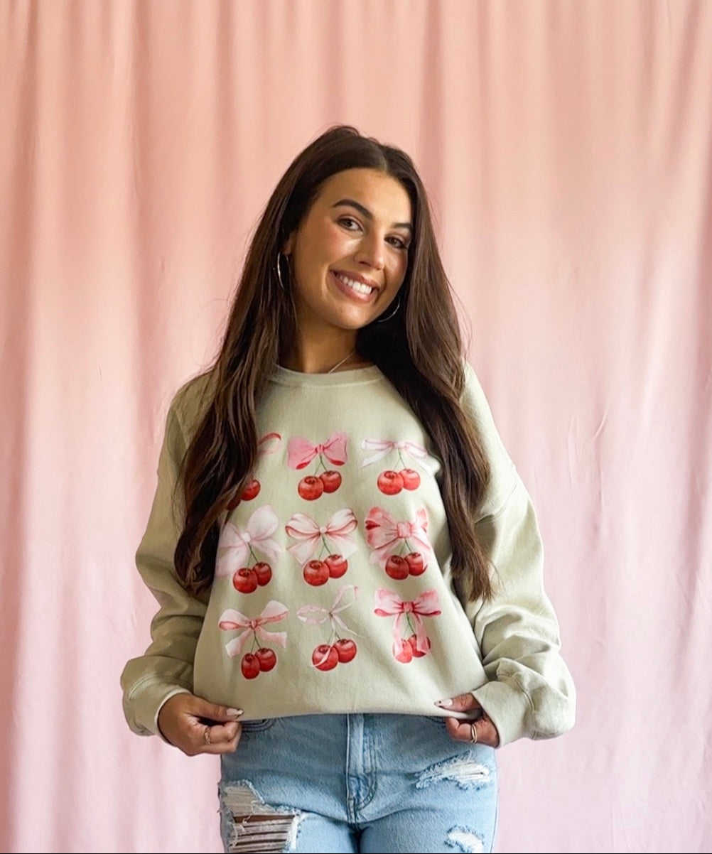 cherry sweatshirt coquette women sweatshirt oversize beige sweatshirt tan sweater pink bow sweatshirt trending clothing girls