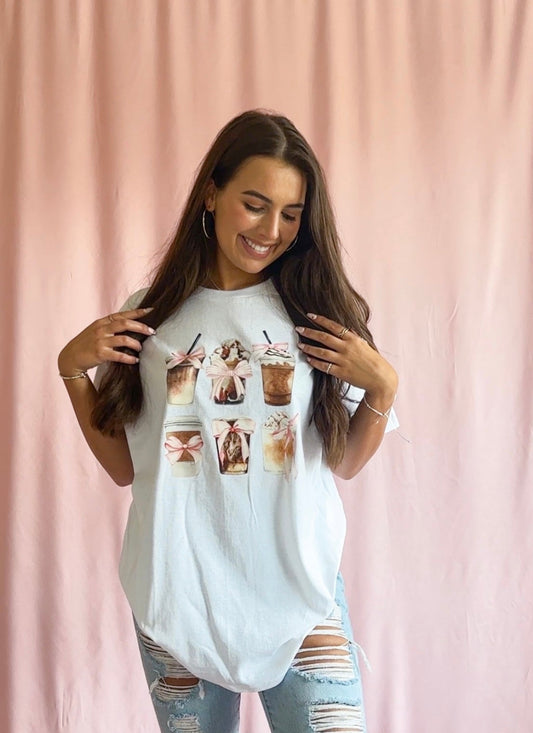 Coquette Coffee Shirt- Women Trendy White Shirt Coffee Cups