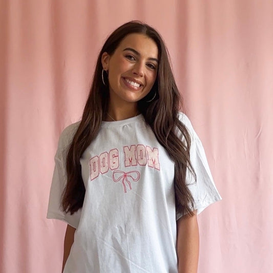 dog mom shirt pink bow shirt women trendy tshirt oversize white shirt pink graphic dog mama tshirt new dog mom gift 