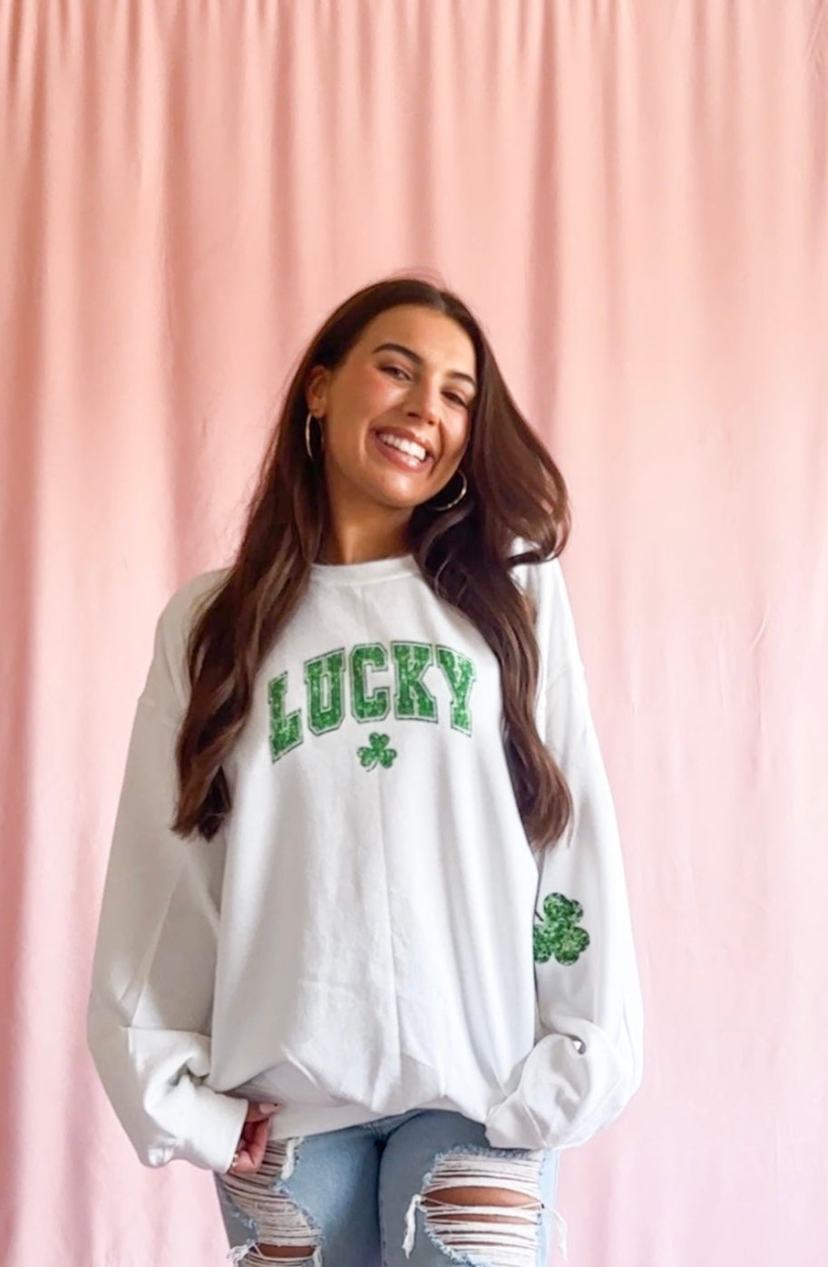 St Patrick's Day Women White Sweatshirt Sparkle Graphic Oversized Sweater